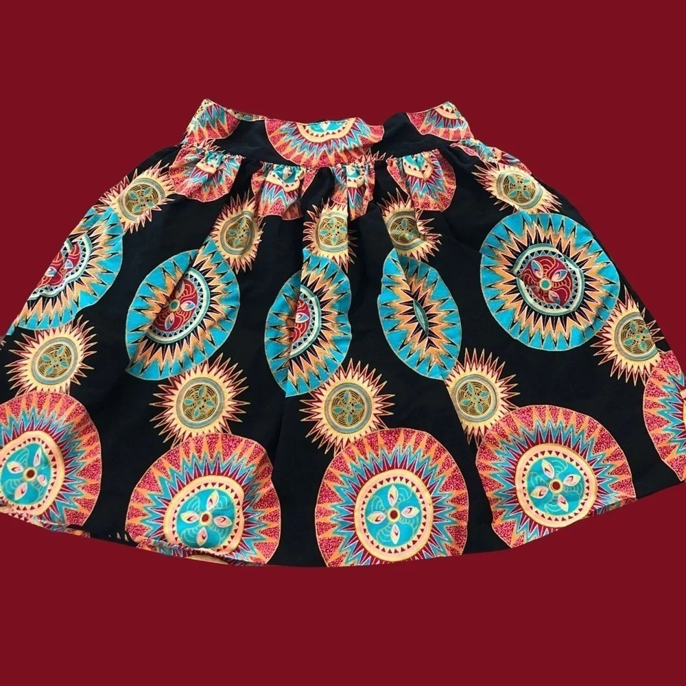 D’IYANU Sz Small‎ Black Cotton Sunburst Skirt Short African Colorful Made in USA